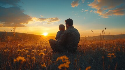 Father and son watching sunset in field