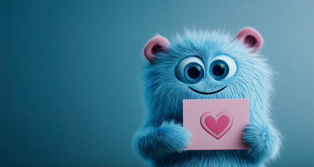 Cute fluffy blue monster with big eyes and happy smile holds pink card with heart