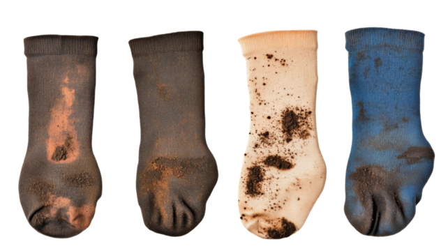 Four dirty socks isolated on transparent background showing gardening work