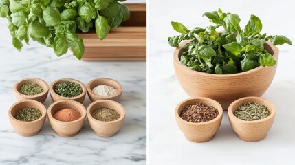 Fototapeta premium Wooden measuring spoons filled with herbs and spices, creating a warm and natural kitchen vibe