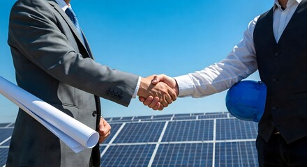 Two individuals in suits shake hands in front of solar panels, with one holding rolled plans and the other a blue helmet, symbolizing a business deal in renewable energy.