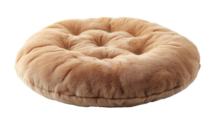 Round fluffy beige cushion resting on transparent background