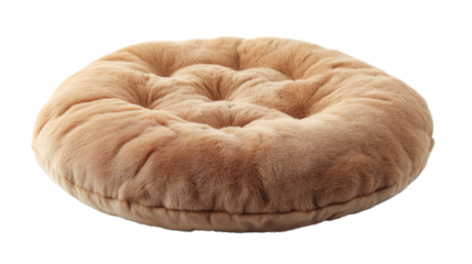 Round fluffy beige cushion resting on transparent background
