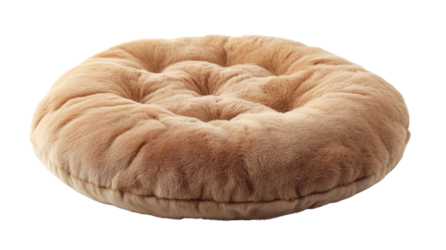 Round fluffy beige cushion resting on transparent background