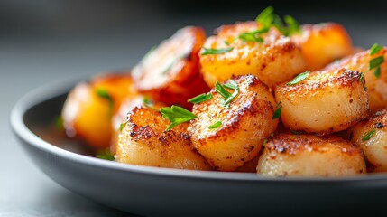 Serving of Seared Scallops with Fresh Herb Garnish Close Up View