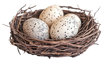Obraz premium Three spotted eggs resting in bird nest on transparent background