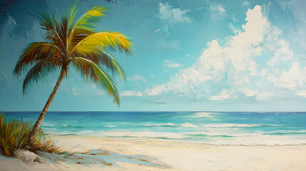 Beautiful oil painting of a tropical beach with a lone palm tree swaying under a bright blue sky