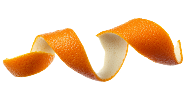 Orange peel twisting in the air with transparent background