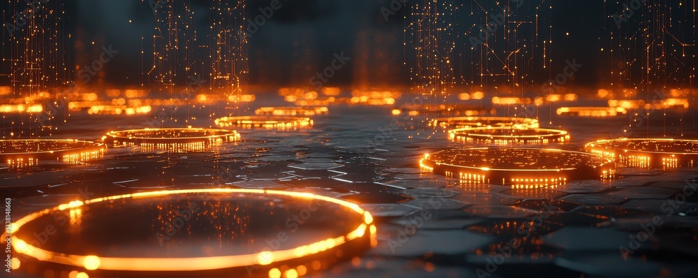 Poster dynamic floating circles virtual environment 3d visualization digital realm aesthetic perspective
