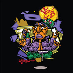 A vibrant and colorful graffiti-style vector illustration featuring a street art character with a snapback, hoodie, and sunglasses. Perfect for T-shirt designs, urban merchandise, and hip-hop-inspired