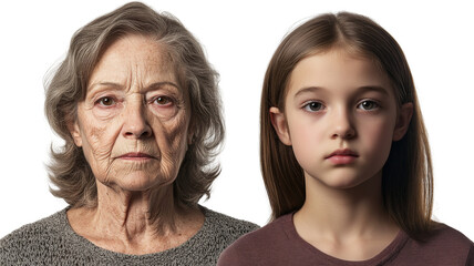 Senior woman and young girl showing aging process with transparent background