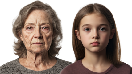 Senior woman and young girl showing aging process with transparent background