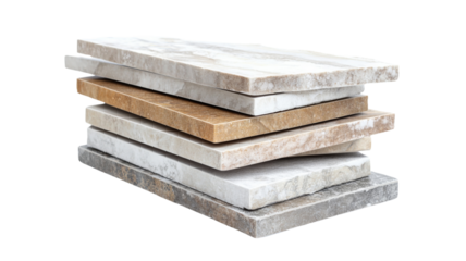 Stack of floor tiles showing different colors and textures on transparent background