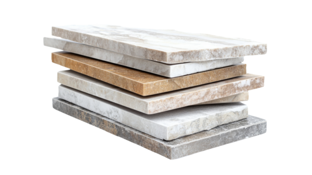 Stack of floor tiles showing different colors and textures on transparent background