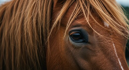 Close up of a Chestnut Horse s Eye and Mane Detailed Texture and Gentle Expression