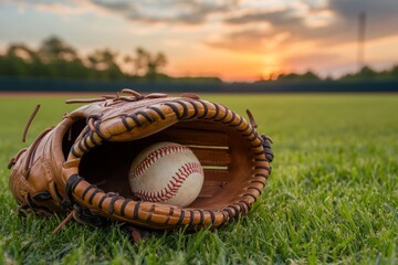 A baseball glove with a baseball in it is on a field