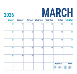 Planner March 2026 year. English calendar template. Vector square grid. Office business planning. Creative trendy design. Blue color