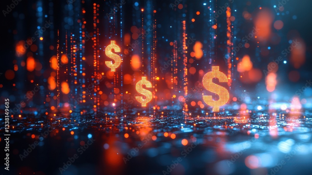 Poster abstract digital art visualizing financial growth in a dynamic virtual space