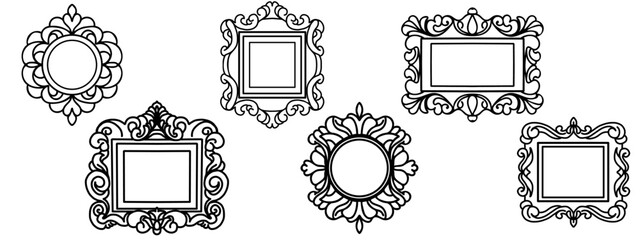 Empty picture frames in Victorian style. Vintage Classic baguette set for wall. Black and white Ornament borders, retro decorations for painting, photo. Vector illustration isolated on white backgroun