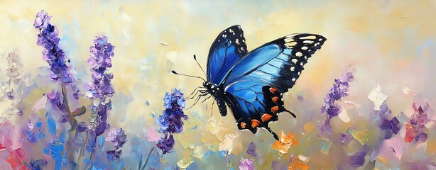 Naklejka premium A vibrant blue butterfly rests on blooming lavender flowers, showcasing nature's beauty.