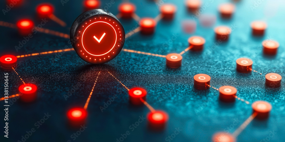 Poster 3d rendering of business network with centralized target node and interconnected red nodes on blue b