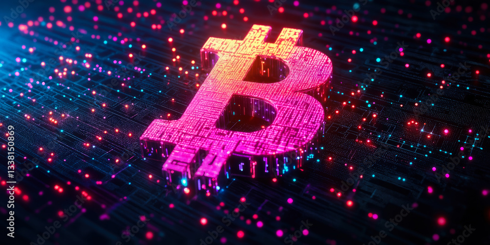 Poster bitcoin symbol created from digital particles with neon lights and futuristic data elements on dark 
