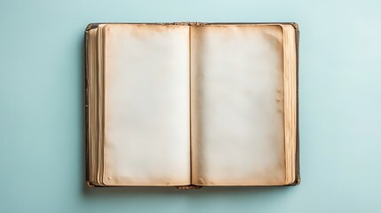Open Antique Book with Blank Pages on Light Blue Background