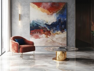 A modern living room features an abstract painting and furniture