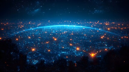 Digital Earth glowing with bright blue network lines global technology concept