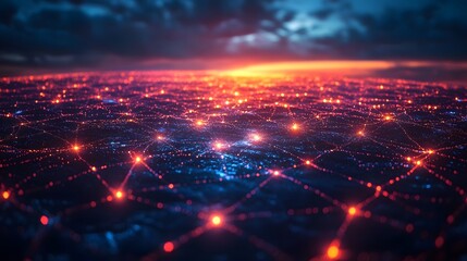 Obraz premium Vibrant global web concept with neon light connections spreading across the dark Earth