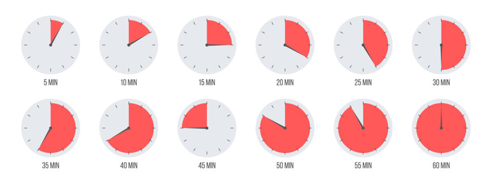 Countdown timer, clock, stopwatch vector icons set. Full rotation arrow timer. 5 minute to 1 hours stopwatches. Collection of timers in flat style isolated on white background. Vector illustration.