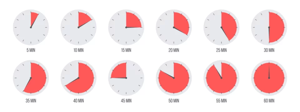 Countdown timer, clock, stopwatch vector icons set. Full rotation arrow timer. 5 minute to 1 hours stopwatches. Collection of timers in flat style isolated on white background. Vector illustration.