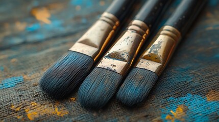 Fototapeta premium Traditional Artist Brushes with Rustic Design and Stained Wooden Aesthetic Photo