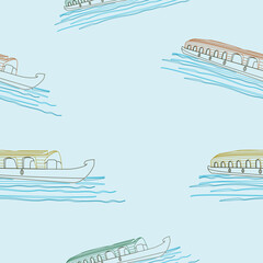 Editable Outline Semi-Oblique View Indian Keralan Houseboat Vector Illustration on Lake in Various Colors Seamless Pattern for Creating Background of Transportation or Recreation of Southwestern India