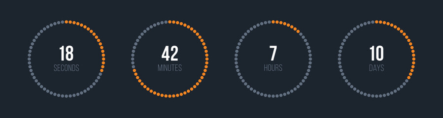 Vector circle countdown timer display. Time counter with seconds, minutes, hours and days. Orange and gray color display. Round UI countdown timer with dotted circles. Vector illustration.