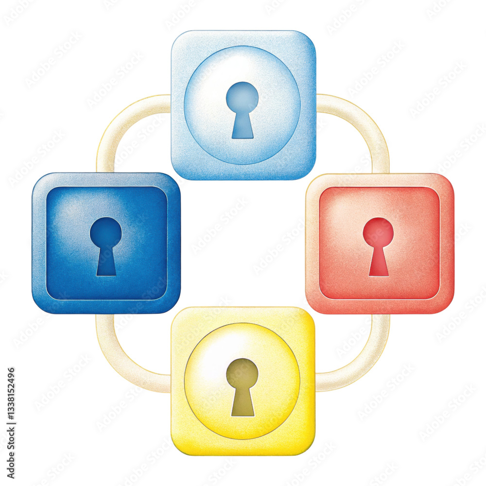 Aufkleber cybersecurity data breach concept, colorful locks interconnected in a circular design isolated trans
