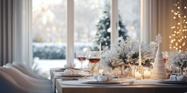 A beautifully decorated dining table setup for a festive winter season