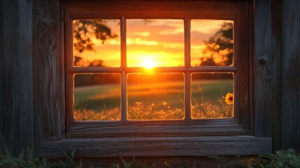 Golden Sunset Through Rustic Windowpane