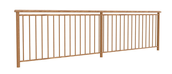 3D Rendered Wood Railing: Detailed design with symmetrical balusters and warm tones. Suited for construction & design.