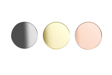 Three different colored oval shaped mirrors are shown side by side, isolated
