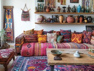 A living room featuring patterned fabrics and assorted decorative items