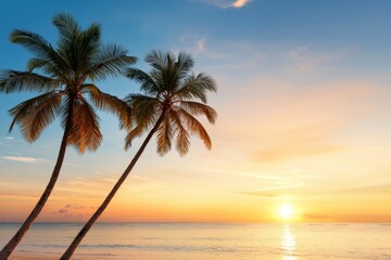 Obraz premium Two palm trees are on a beach near the ocean
