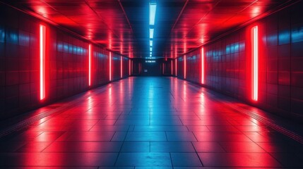 Neon Lights Reflecting in a Subway Tunnel