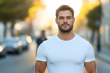 Man in a white shirt stands on a street with cars in the background
