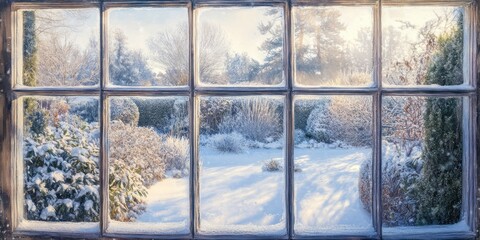 The snowy winter garden scene observed through a frosted window