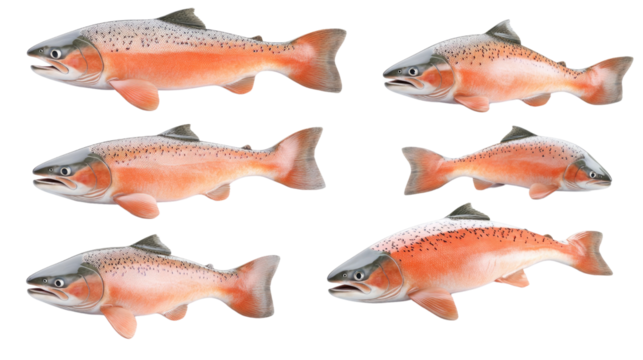 Six salmon are arranged in a cut-out format, displaying their colorful scales and distinct markings. Each fish varies slightly in posture, highlighting their natural beauty