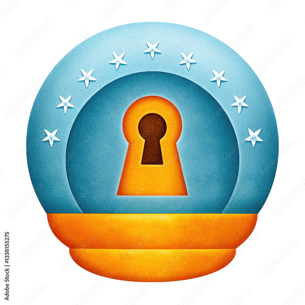 Poster cybersecurity data breach concept, colorful keyhole design with stars and circular shape isolated tr