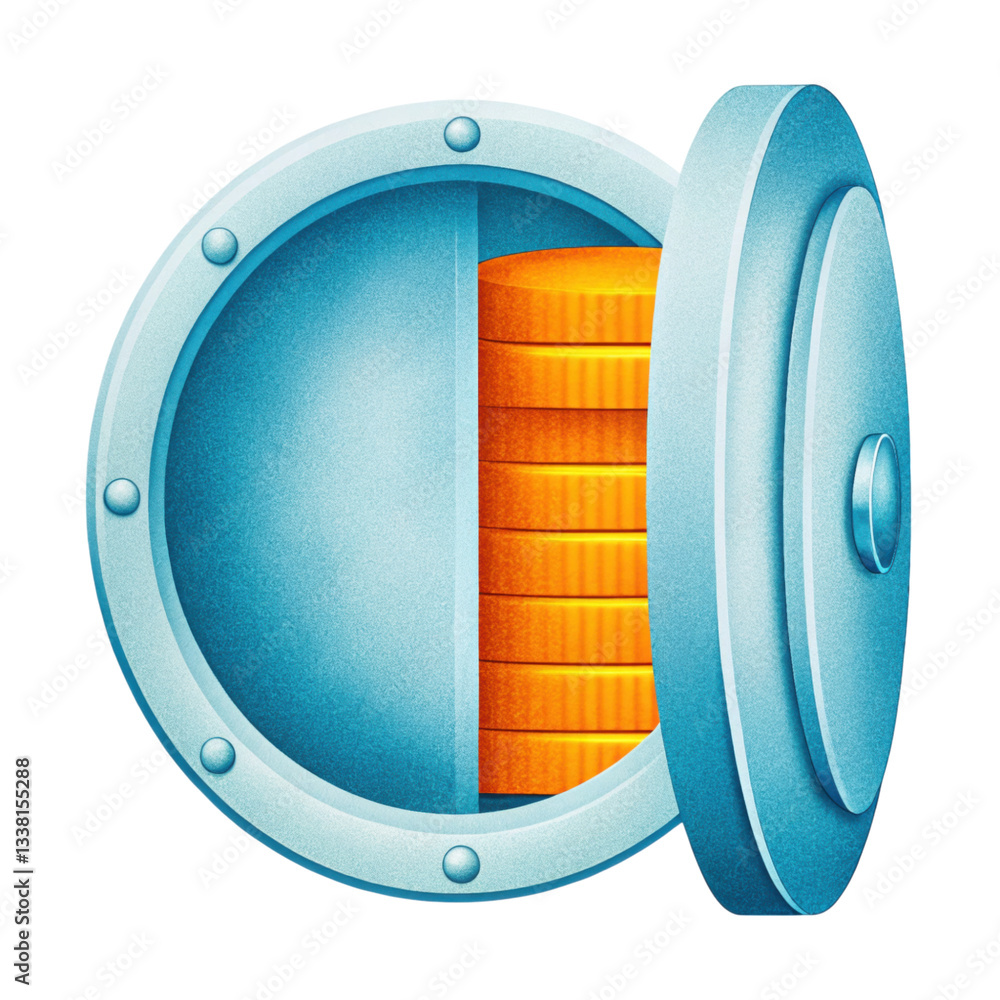 Poster cybersecurity data breach concept, vault with coins inside, emphasizing security and wealth isolated