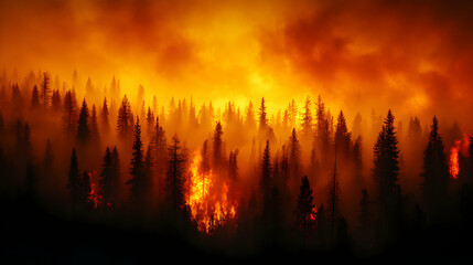 Fiery Forest Inferno Enveloped in Orange Smoke