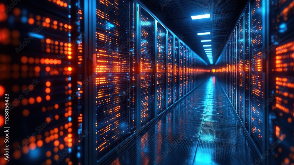 Poster illuminated server room: a glimpse into the digital core